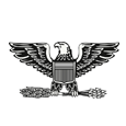 A black and white image of an eagle with a shield.