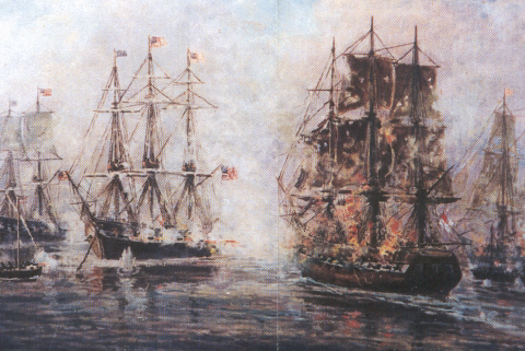 A painting of two ships in the water.